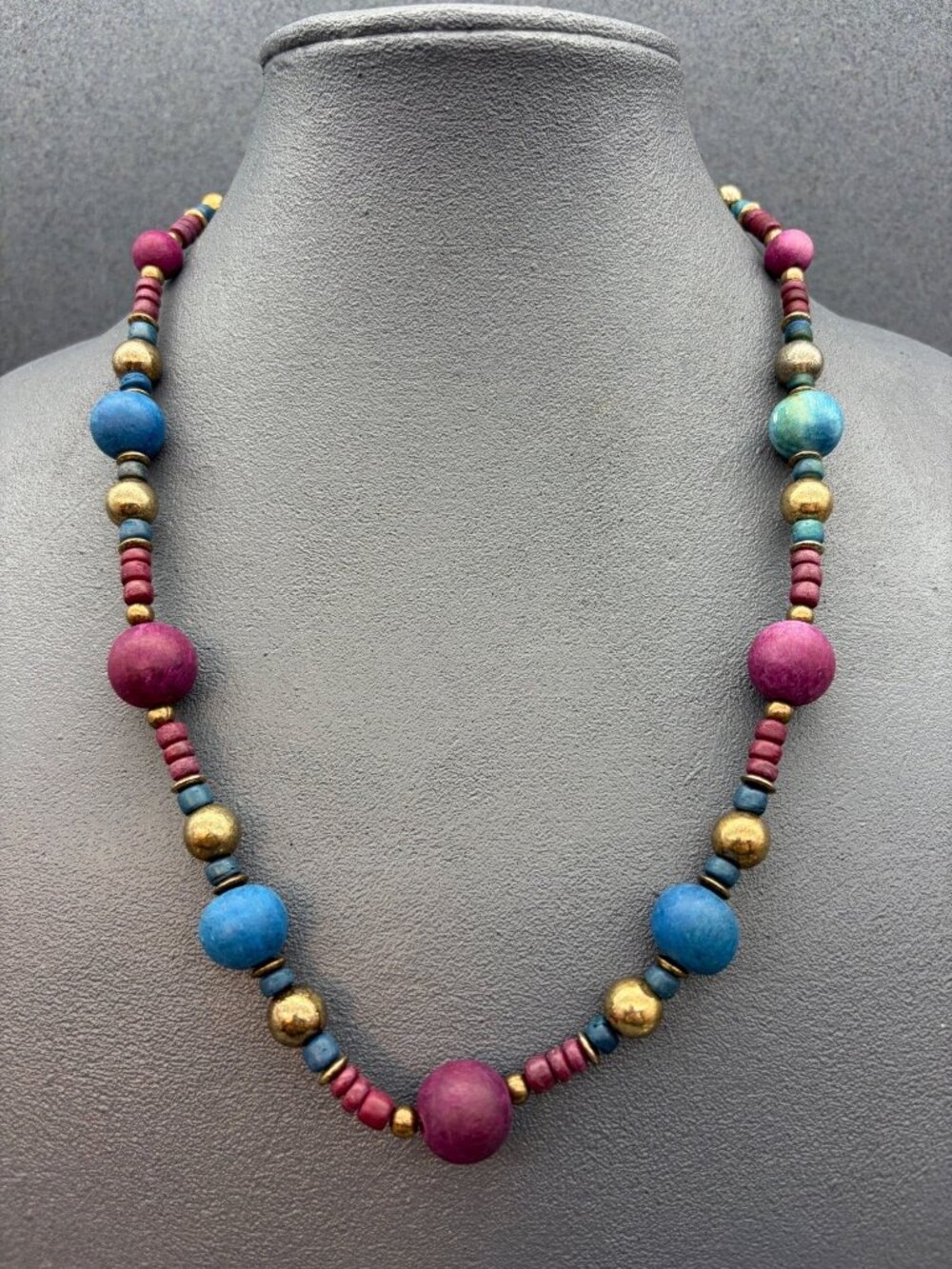 Colorful Wood Beaded Necklace As Is 24 In Teal Blue Purple Gold Boho Chic Retro